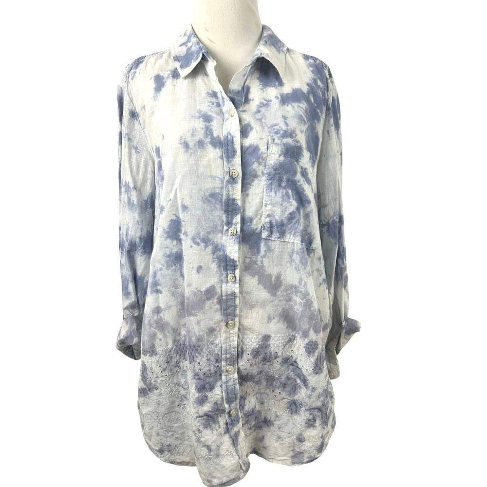 Pilcro Anthro Lavender Tie Dye Embroidered Eyelet Button Shirt Top L Cotton